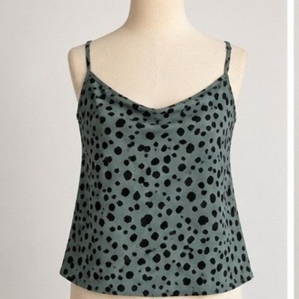 La Miel Camisole L Sage Green New Cowl Neck Dalmatian Dot Spaghetti Strap MT0800